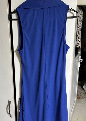 Mavi V Yaka Kolsuz Midi Elbise - Görsel 4