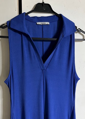 Mavi V Yaka Kolsuz Midi Elbise - Görsel 2