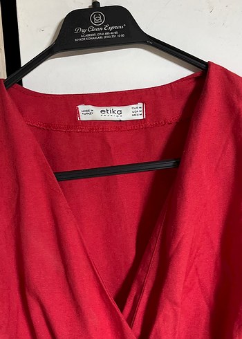 Kırmızı V Yakalı Midi Keten Elbise - Görsel 3