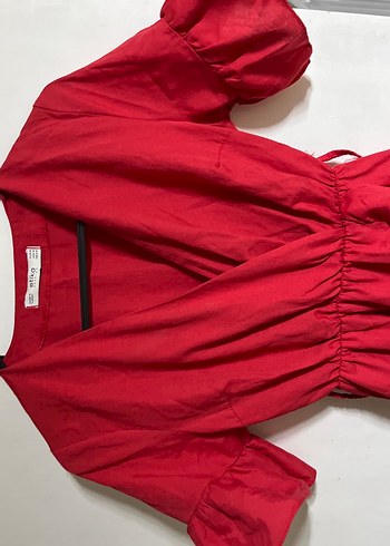 Kırmızı V Yakalı Midi Keten Elbise - Görsel 2