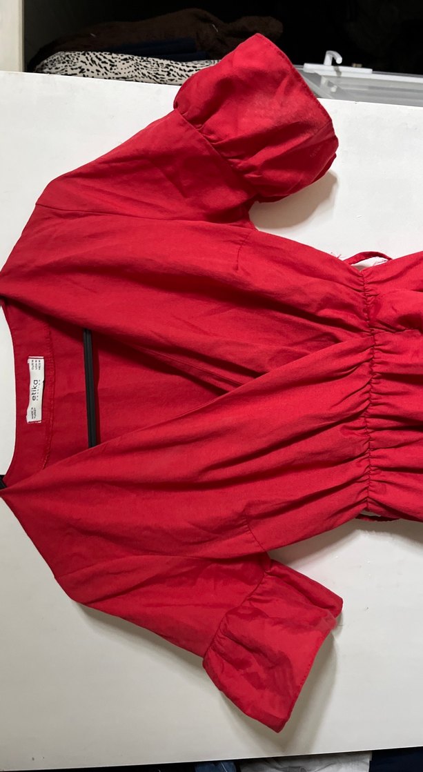 Kırmızı V Yakalı Midi Keten Elbise - Görsel 2