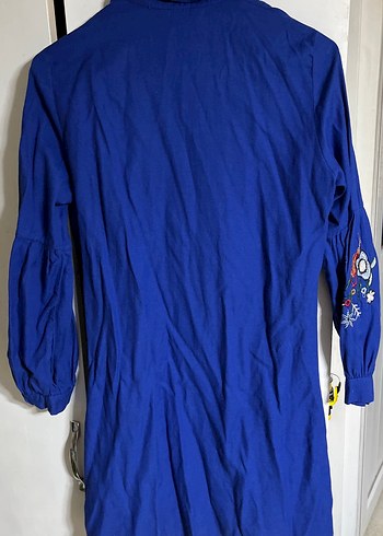 Mavi Düğmeli Uzun Kollu Keten Kadın Gömlek - Görsel 4