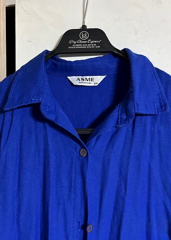 Mavi Düğmeli Uzun Kollu Keten Kadın Gömlek - Görsel 3