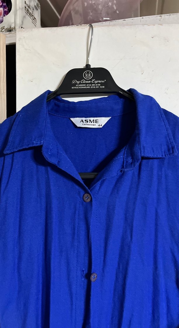 Mavi Düğmeli Uzun Kollu Keten Kadın Gömlek - Görsel 3