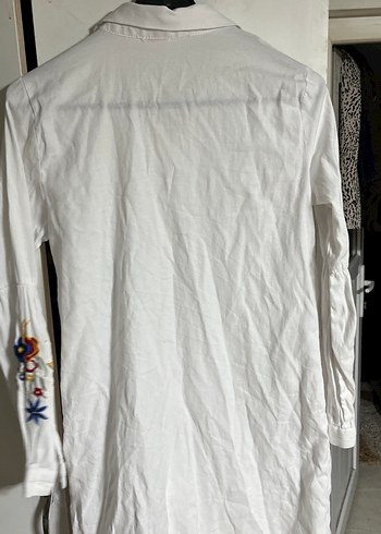 Nakışlı Beyaz Uzun Keten Kadın Gömlek - Görsel 5