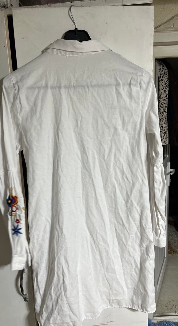Nakışlı Beyaz Uzun Keten Kadın Gömlek - Görsel 5