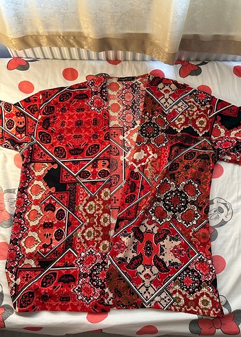 s Beden Kırmızı Desenli Uzun Bohem Kadın Kimono