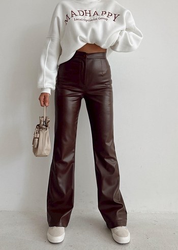 Kahverengi Deri Kadın İspanyol Paça Pantolon - Görsel 2