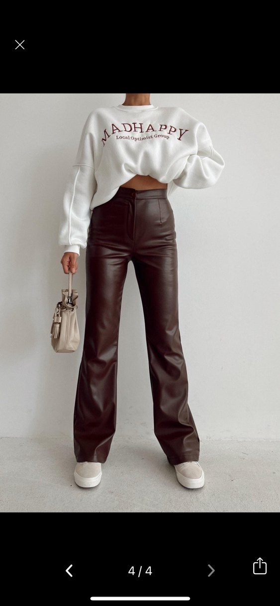 Kahverengi Deri Kadın İspanyol Paça Pantolon - Görsel 2