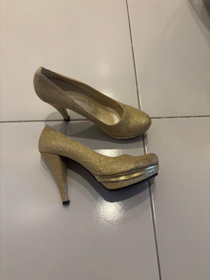 Altın Renkli Simli Stiletto Kadın Abiye Ayakkabı - Görsel 2