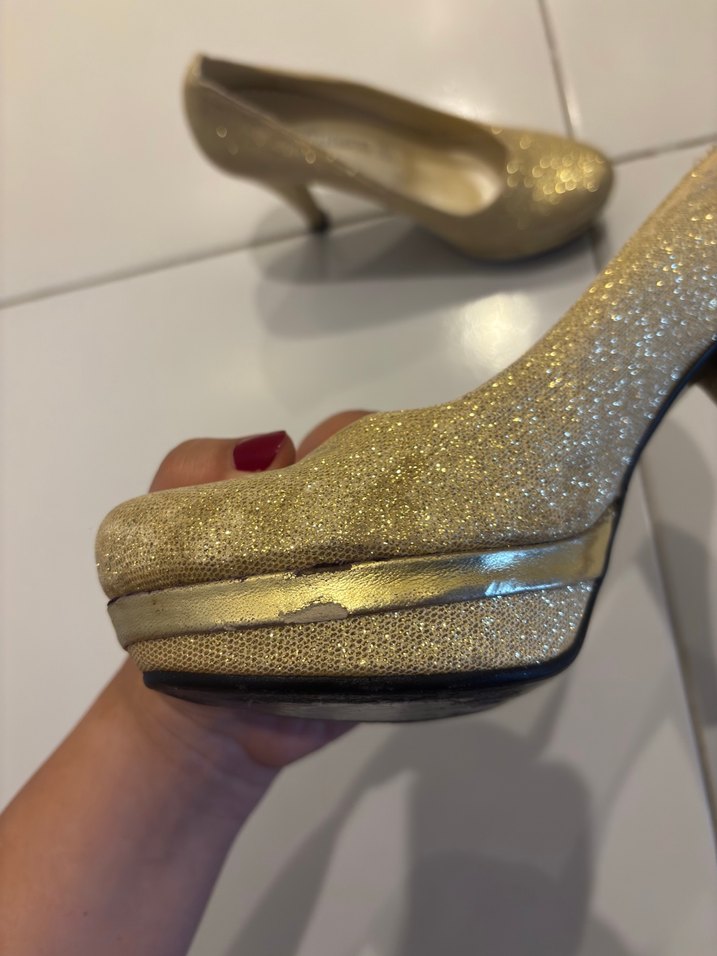 Altın Renkli Simli Stiletto Kadın Abiye Ayakkabı - Görsel 4