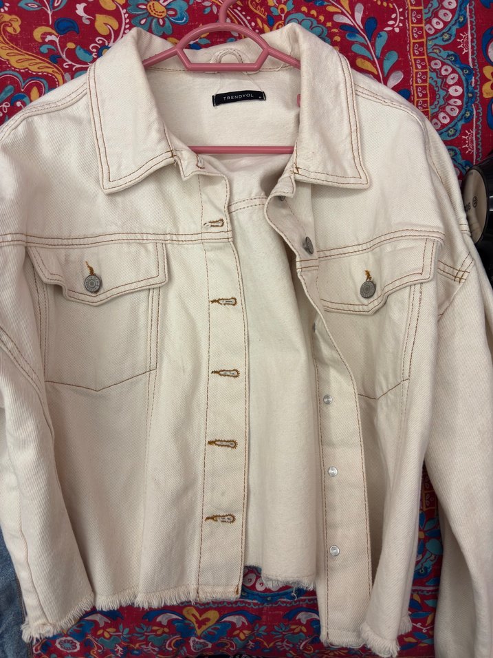 Bej Düğmeli Kadın Oversize Kot Ceket - Görsel 2