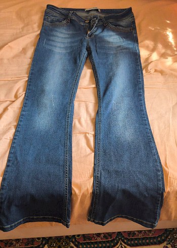 Kadın Parlak Mavi Bol Paça Denim Pantolon m-l düşük bel