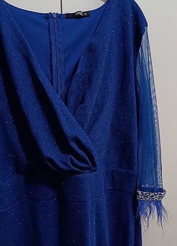 Saks mavisi simli abiye elbise
