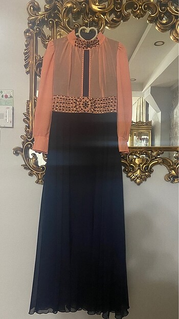 İşlemeli somon rengi abiye elbise (Tesettür abiye)