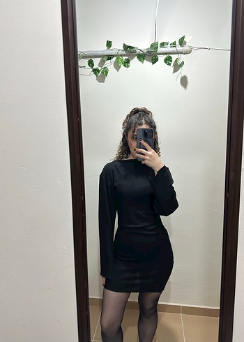 Siyah Yüksek Yakalı Uzun Kollu Triko Elbise - Görsel 2