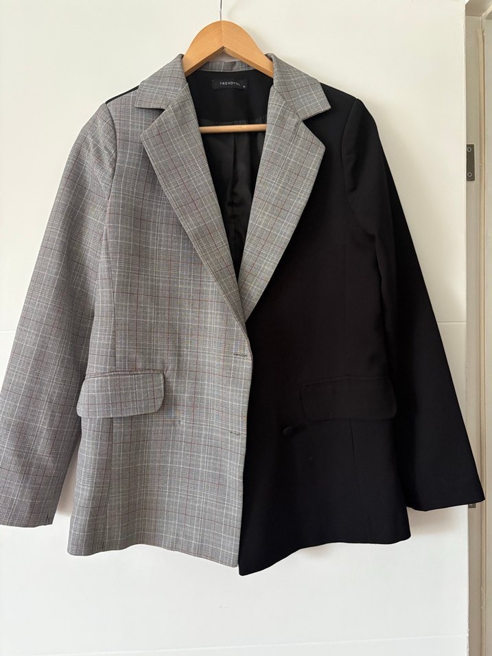 Siyah ekoseli blazer ceket - Görsel 5