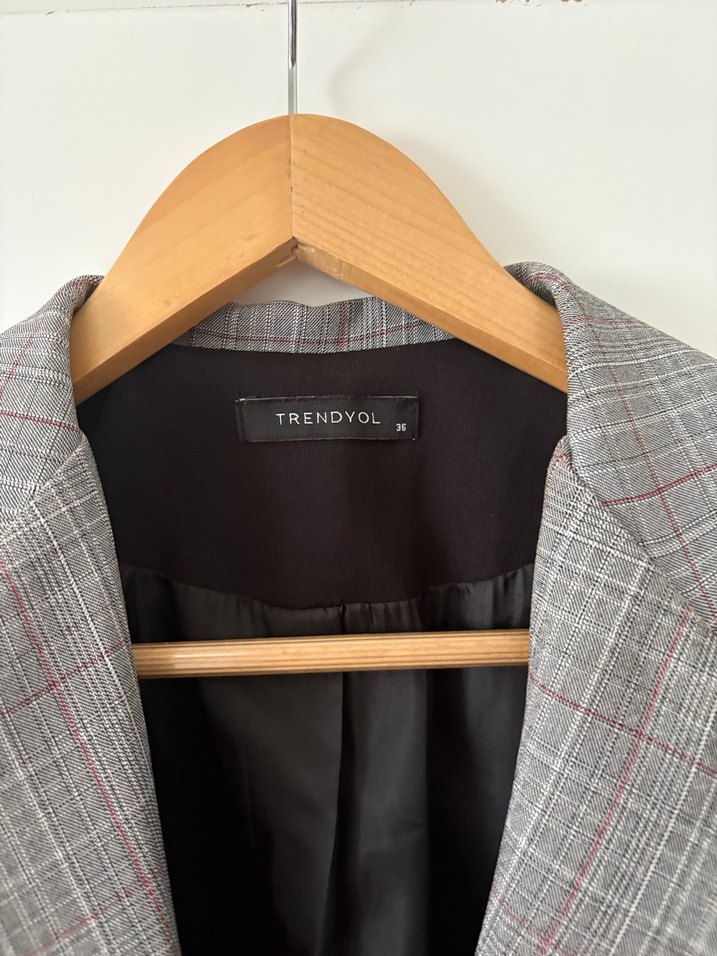 Siyah ekoseli blazer ceket - Görsel 4