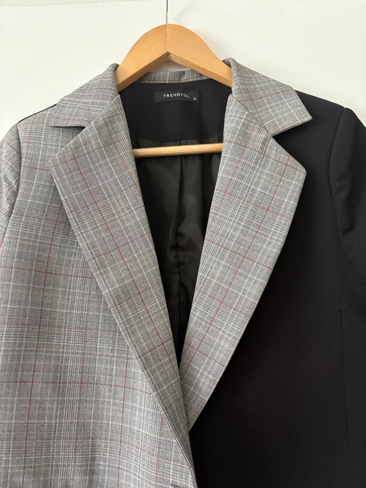 Siyah ekoseli blazer ceket - Görsel 3