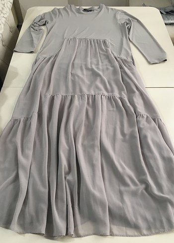 Gri Uzun Keten Elbise - Görsel 8