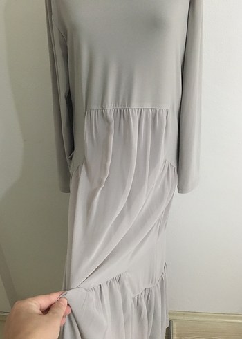 Gri Uzun Keten Elbise - Görsel 3