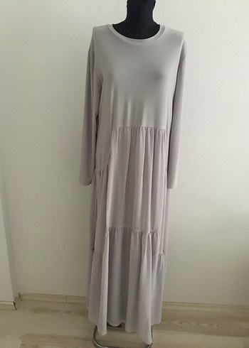 Gri Uzun Keten Elbise - Görsel 4