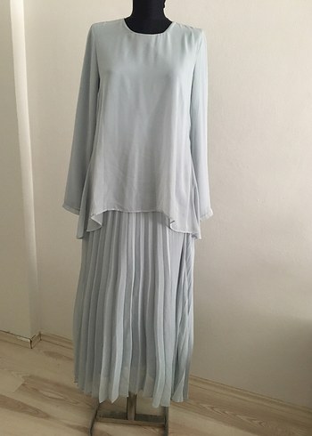 Gri Keten Pliseli Uzun Kadın Elbise
