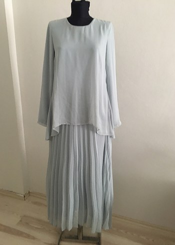 Diğer Gri Keten Pliseli Uzun Kadın Elbise