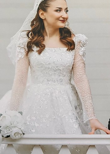 Uzun Kollu Straplez Beyaz Prenses Gelinlik - Görsel 2