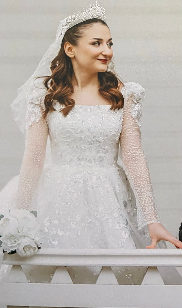 Uzun Kollu Straplez Beyaz Prenses Gelinlik - Görsel 2