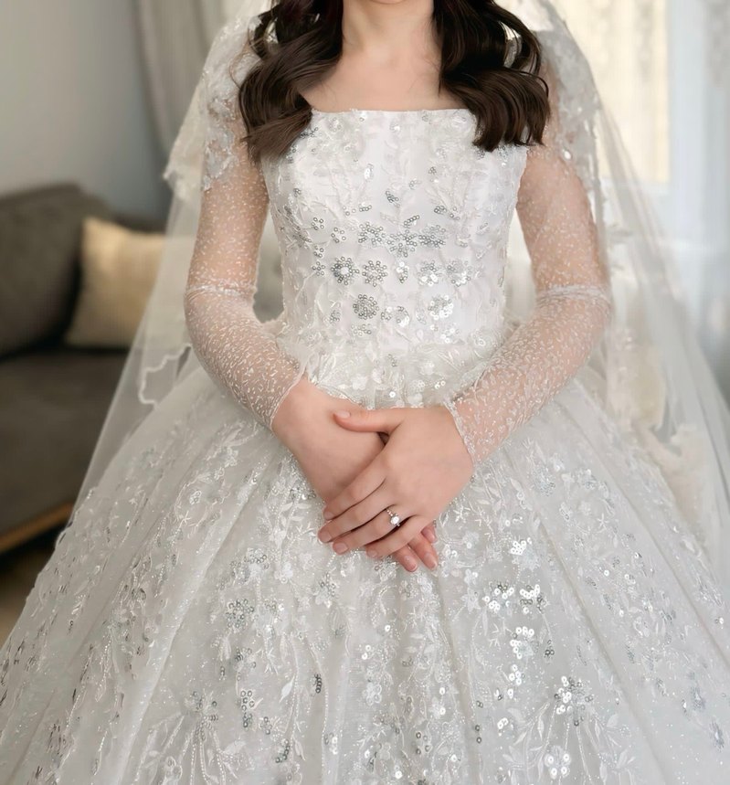 Uzun Kollu Straplez Beyaz Prenses Gelinlik - Görsel 3