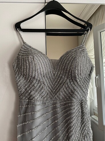 Dress Score Marka Gri-Gümüş Pırıltılı Elbise-Abiye