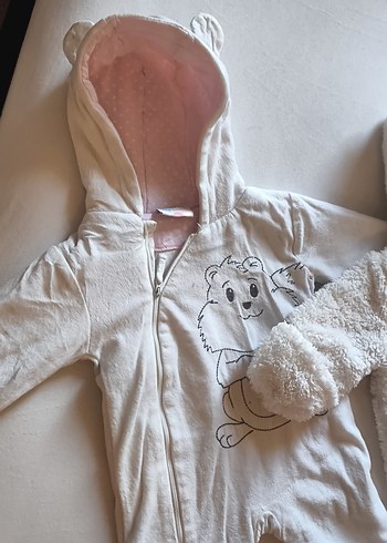 Kapüşonlu Beyaz Kürklü Bebek Kız Tulumu 2li fiyat - Görsel 2