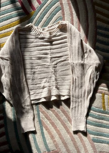 Uzun Kollu Beyaz Bohem Keten Triko Kazak - Görsel 2