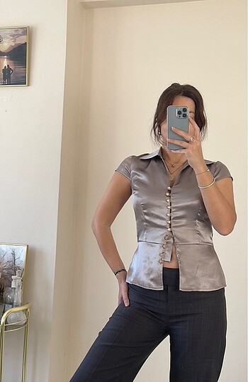 36 Beden camel Renk Y2K Fairy Office Siren Saten Gömlek