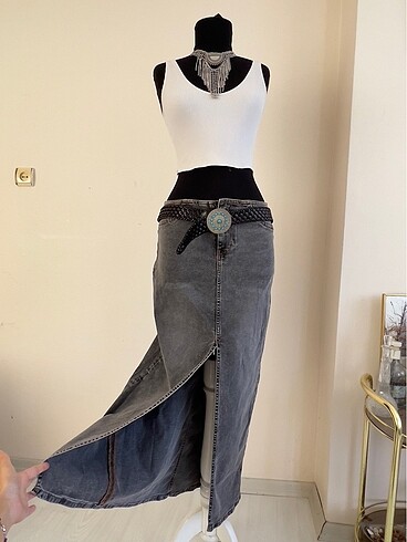 Yırtmaclı Uzun Maxi Kot Etek Denim