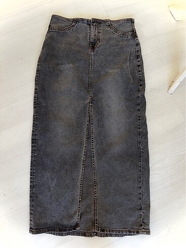38 Beden gri Renk Yırtmaclı Uzun Maxi Kot Etek Denim