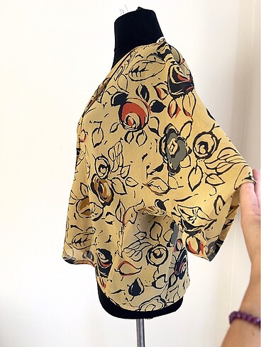36 Beden camel Renk Vintage 90lar Desenli Retro Bluz