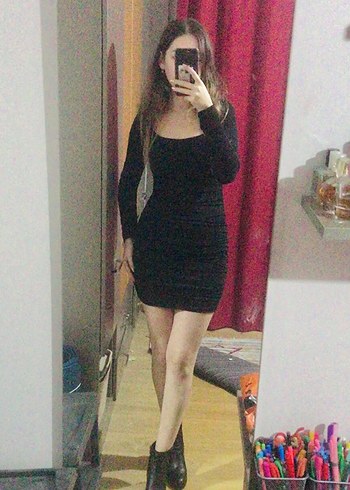 Uzun Kollu Kare Yaka Siyah Drapeli Mini Elbise - Görsel 7