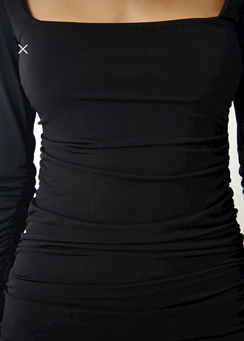 Uzun Kollu Kare Yaka Siyah Drapeli Mini Elbise - Görsel 5