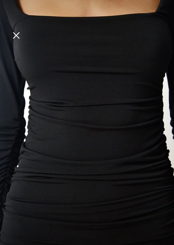 Uzun Kollu Kare Yaka Siyah Drapeli Mini Elbise - Görsel 5