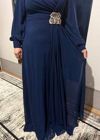 Lacivert Drapeli Tesettür Abiye Elbise - Görsel 3