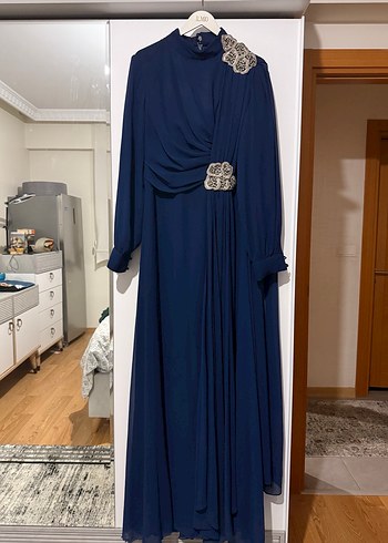 Lacivert Drapeli Tesettür Abiye Elbise - Görsel 4