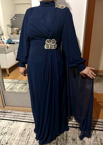 Lacivert Drapeli Tesettür Abiye Elbise - Görsel 6
