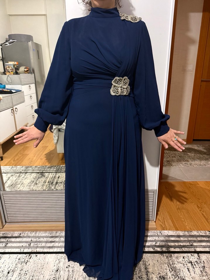 Lacivert Drapeli Tesettür Abiye Elbise - Görsel 2