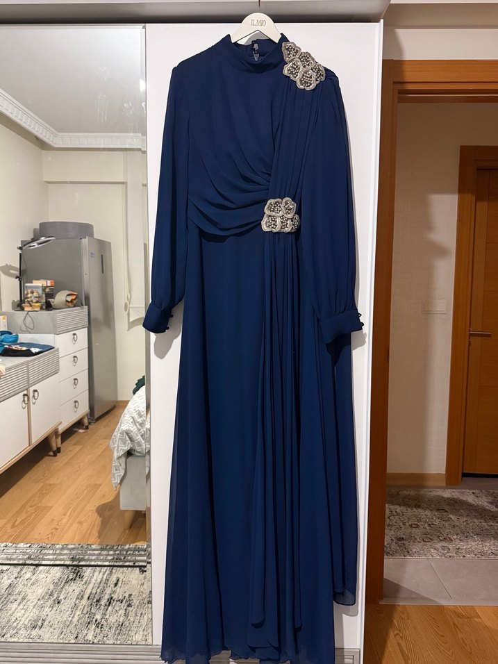 Lacivert Drapeli Tesettür Abiye Elbise - Görsel 4