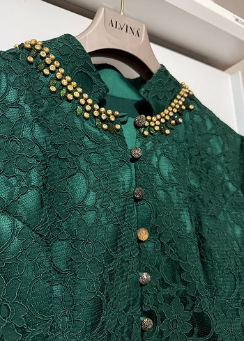 Zümrüt Yeşili Fransız Güpür Tesettür Abiye Etek Ceket Takım - Görsel 6