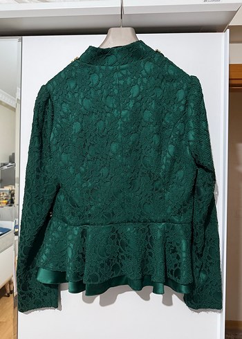 Zümrüt Yeşili Fransız Güpür Tesettür Abiye Etek Ceket Takım - Görsel 7