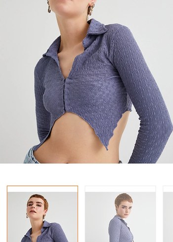 Mavi Düğmeli V Yaka Uzun Kollu Crop Top