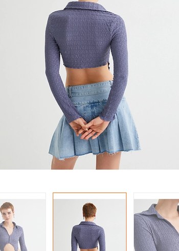 m Beden Mavi Düğmeli V Yaka Uzun Kollu Crop Top